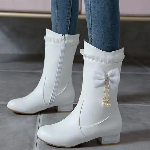 女童靴子演出走秀高跟白色小女孩中筒单靴子儿童皮靴