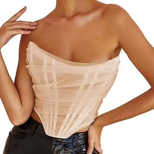 sansoisan 女式复古性感无肩带网眼紧身胸衣露肩拉链后背骨架紧身胸衣