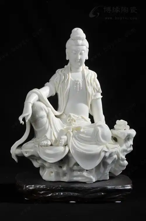 坐岩自在观音 德化白瓷传统坐像观世音菩萨 家居佛堂供奉摆件
