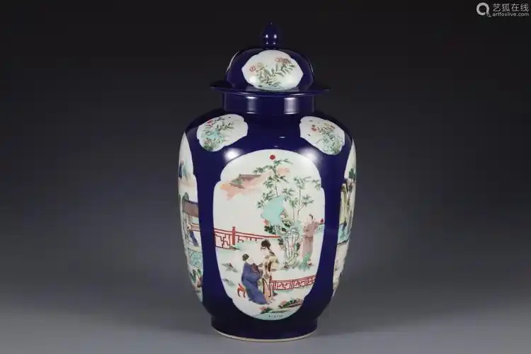 清康熙霁蓝釉开光五彩人物故事纹将军罐