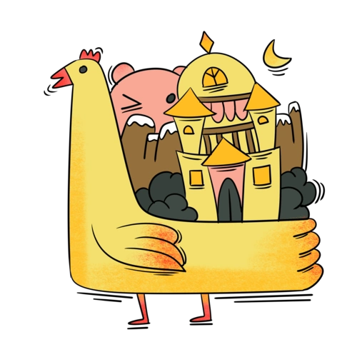 手绘卡通可爱梦幻童话大黄鸡和城堡