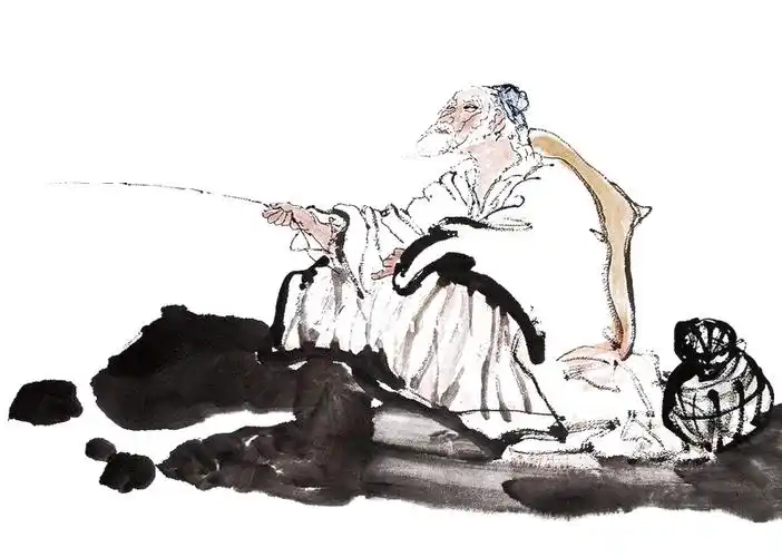 老翁湖边水墨垂钓