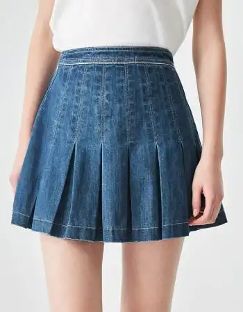 墨泪儿潮牌糖力2018夏季新款欧美女装深蓝色工字褶半身裙显瘦a字裙