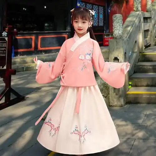 包邮汉服女童古装明制袄裙冬装春秋唐装古代儿童襦裙粉色表演超仙童