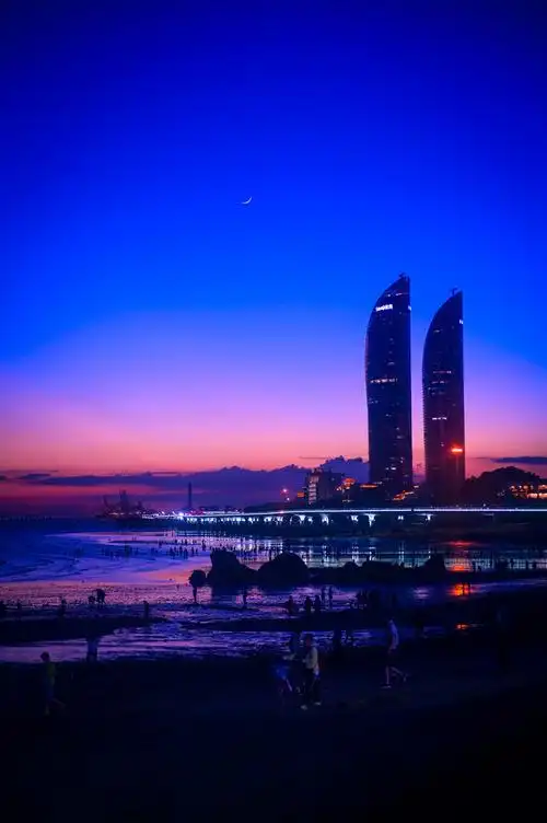 日落下的厦门海湾双子塔