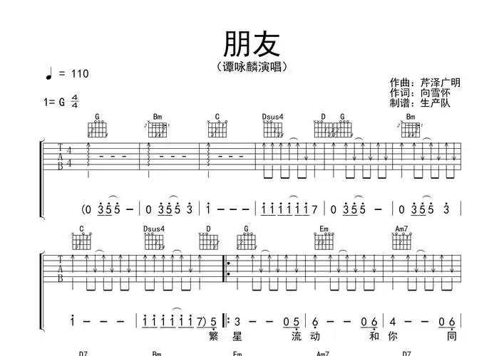 朋友吉他谱_谭咏麟_g调弹唱六线谱_生产队上传