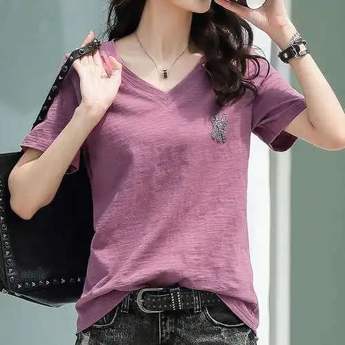 女装 纯棉白色t恤女短袖夏季新款韩版宽松百搭竹节棉半袖v领上衣体恤