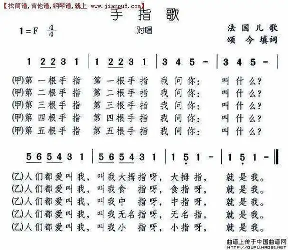 《手指歌》简谱