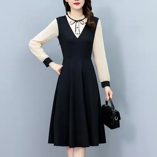 时尚气质拼色假两件套中长款大码女装胖mm春秋新款长袖连衣裙显瘦