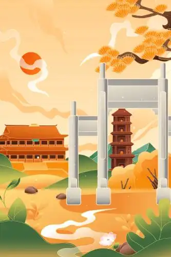 中国福建福州古建筑地标矢量插画