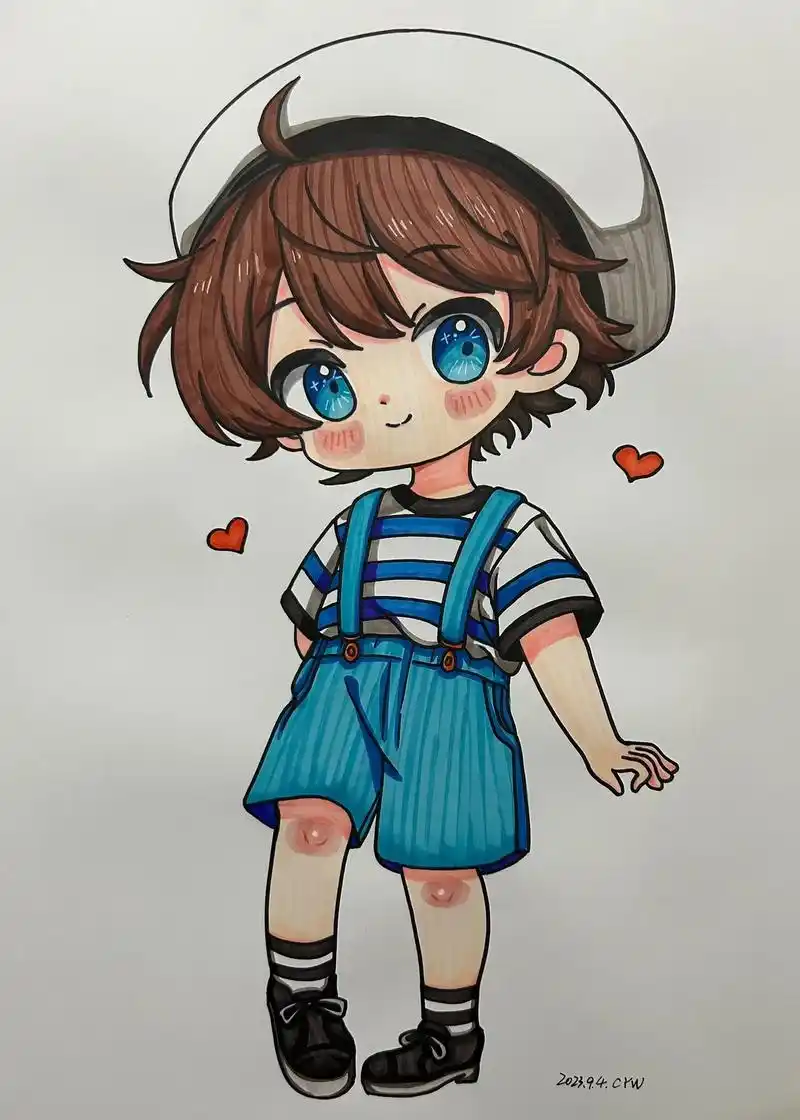 蓝色系小男孩.#一起学画画 #马克笔手绘 #q版人物 #画画 - 抖音