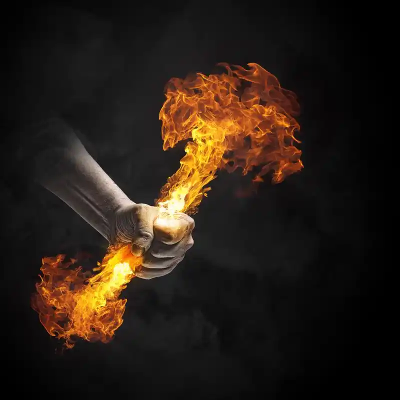 火在手,手握着火焰的人的近身特写