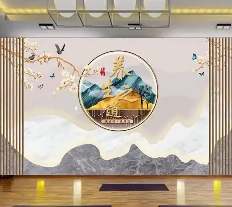 养生之道背景墙纸理疗推拿墙布美容院吧台按摩壁纸养生馆壁画#高 - 抖