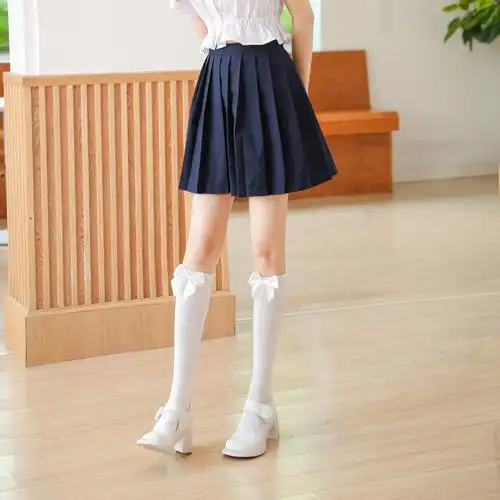 纯色蝴蝶结小腿袜jk袜子女黑色长筒日系可爱lolita中筒袜白长棉袜