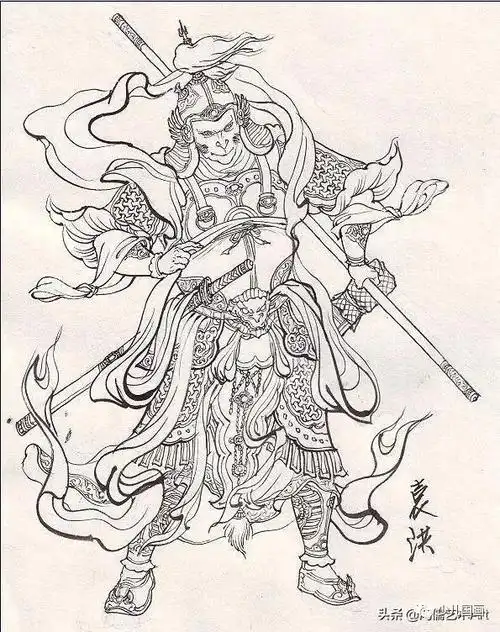 国画工笔白描人物素材:齐天大圣孙悟空