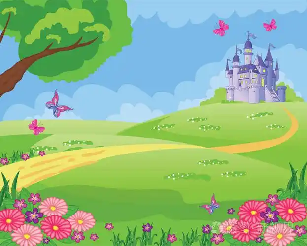 童话背景与花草甸和城堡. 仙境儿童插图. 矢量.