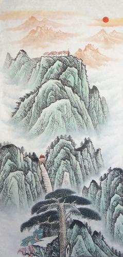 纯手绘山水画四尺国画竖幅泰山日出条幅未装裱风水画