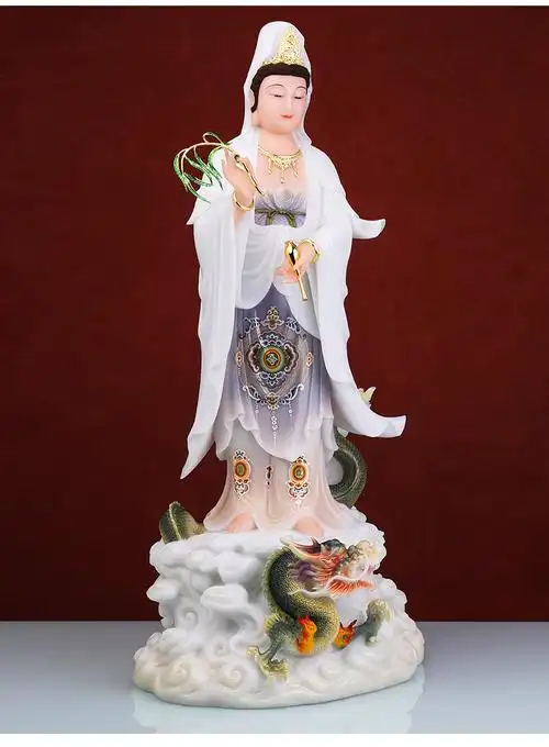 汉白玉石御龙观音佛像站降龙乘龙骑龙踏白衣观音菩萨家用摆件博杉 站