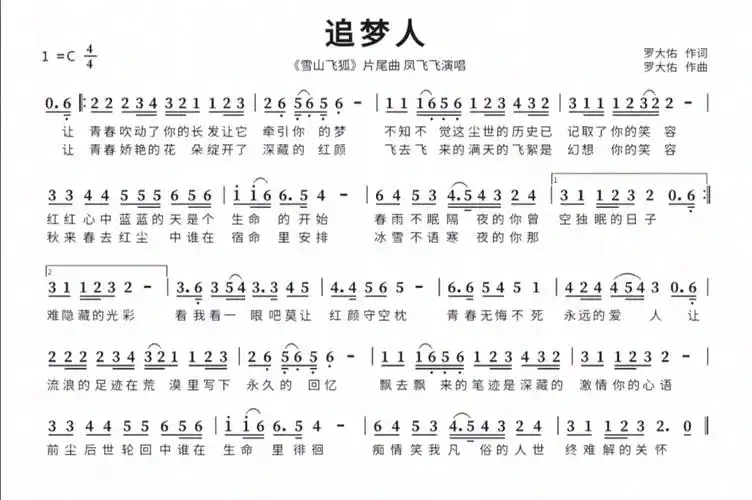 【追梦人】改调伴奏c调谱(无箫声版)