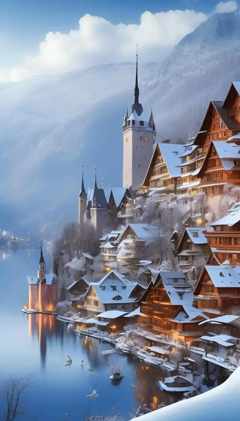 上热门雪山小镇-哈尔施塔特小镇的湖,湖上有天鹅#图文伙伴计 - 抖音