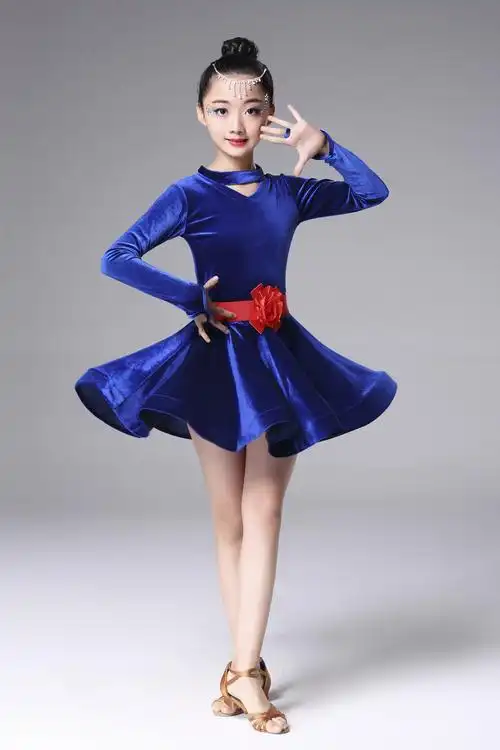新款少儿拉丁舞裙女童舞蹈服儿童拉丁舞练功演出服装女孩秋冬长袖