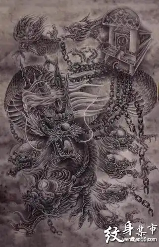 满背九龙拉棺纹身,满背九龙拉棺纹身手稿图案