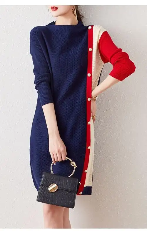 秋冬季针织连衣裙女士2021年气质新品时尚女装红色休闲冬天毛衣打底