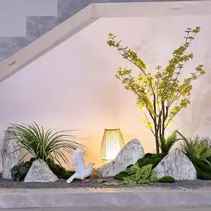 楼梯下雪浪石组合造景室内仿真绿植马醉木景观玄关假山石装饰摆件