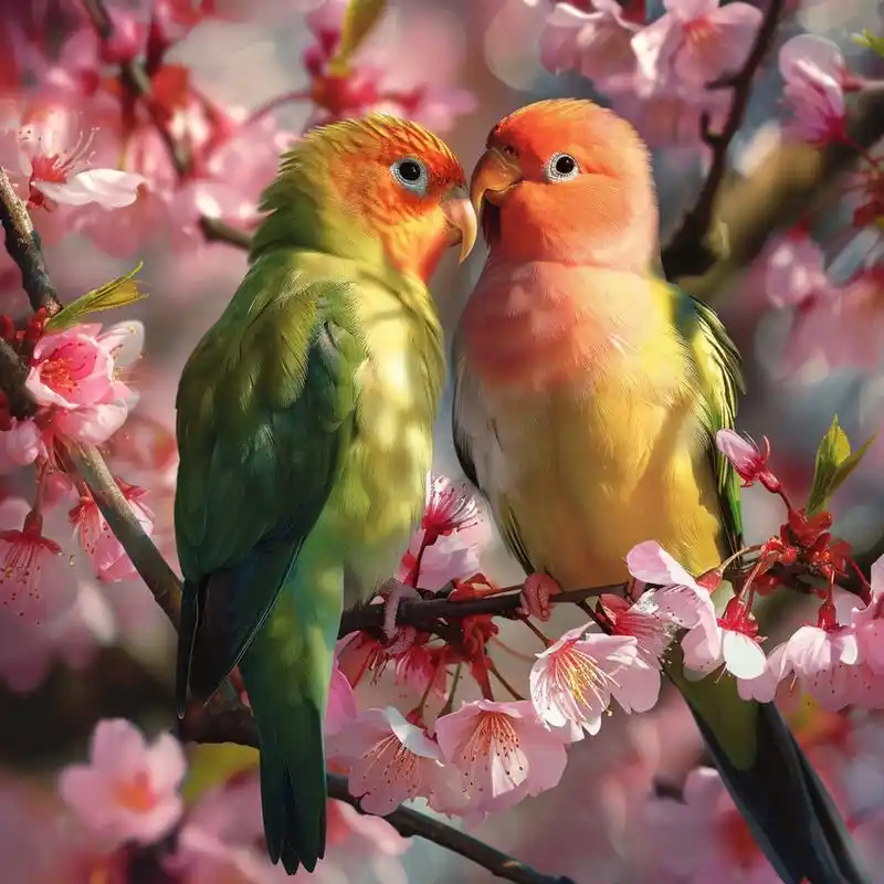 ai作图分享 prompt :一对色彩缤纷的爱情鸟栖息在一棵盛开的樱花树上