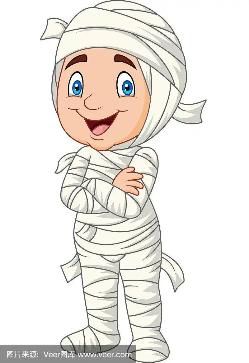 卡通小孩穿着木乃伊服装孤立在白色背景