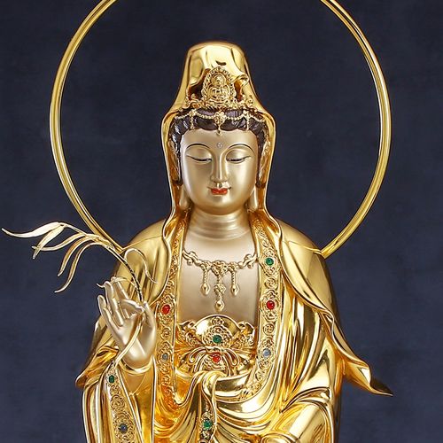 铜雕观音佛像站像家用手工贴金南海观世音菩萨装饰摆件