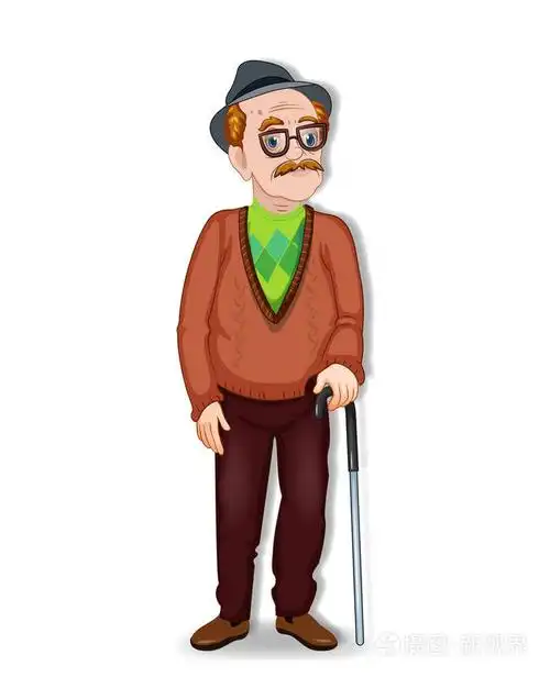 一个年长的男人戴着眼镜和拐杖, 穿着白色背景的帽子.祖父独自站立