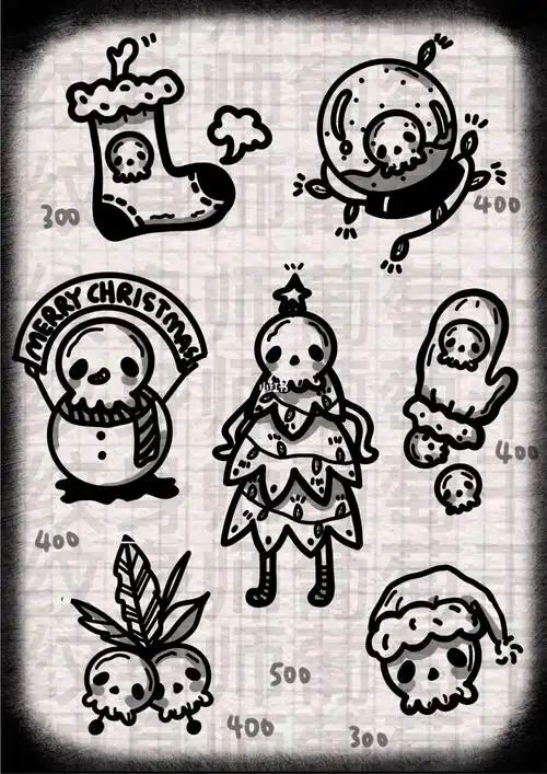 圣诞节小骷髅黑白可爱卡通纹身手稿