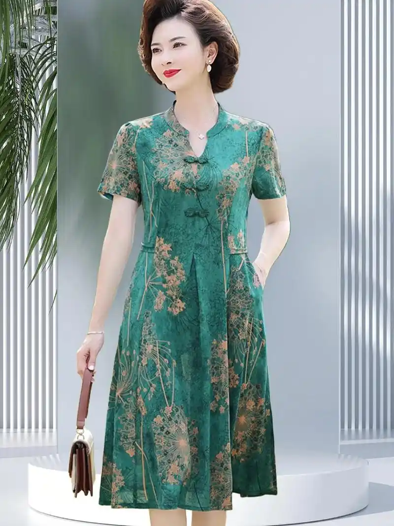中长款高档连衣裙冰丝妈妈装中老年人新中式衣服气质过膝蚕丝裙子