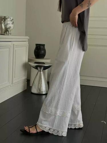 伊布 韩国东大门正品代购2024夏款 松紧腰蕾丝飞边直筒裤休闲长裤