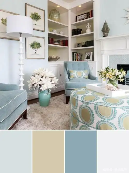 蓝灰色与暖黄色的色彩搭配,以浅蓝灰为主色,暖黄为副色,看到这种颜色