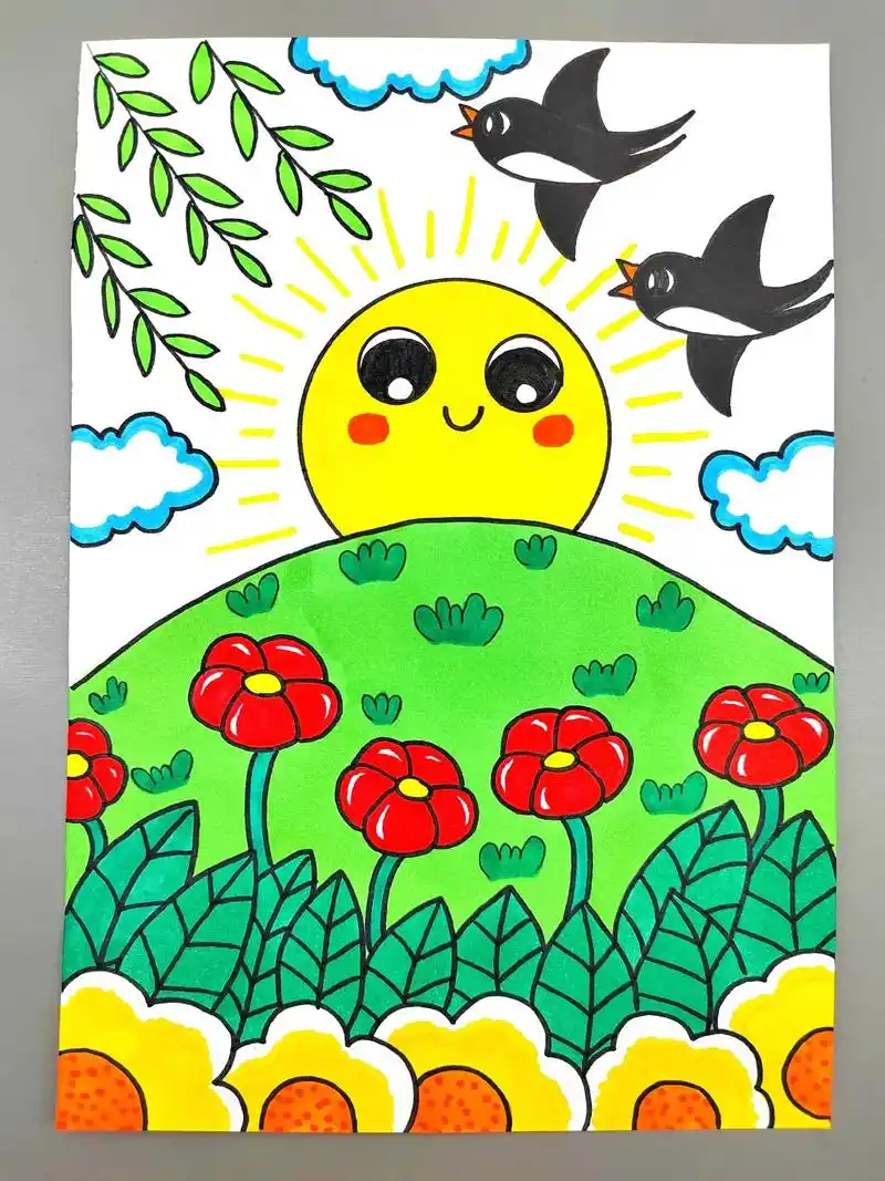 超简单的春天主题创意画来咯,简单又好看,幼儿园小朋友也能学会 - 抖