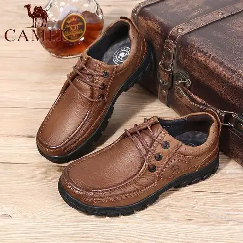 休闲男士新款春季骆驼真皮系带皮鞋
