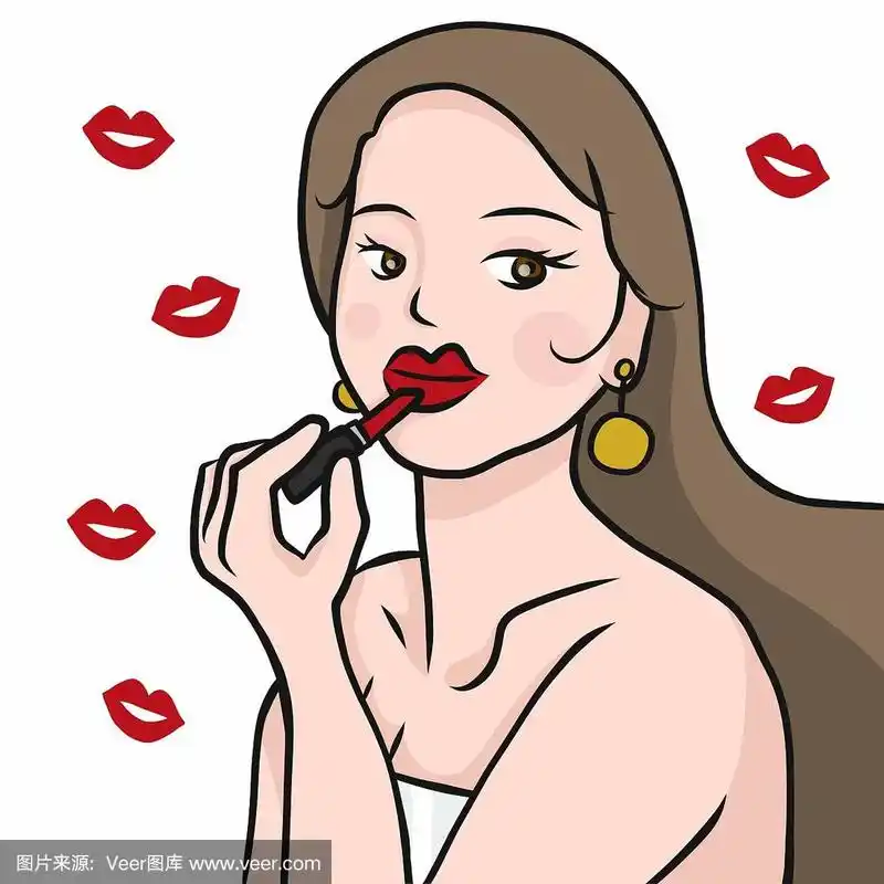 美女把口红放在嘴唇上的卡通矢量插图
