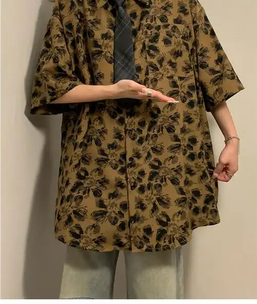 有领带巴洛克衬衫女美式复古冰丝夏威夷短袖情侣沙滩花衬衣 - 17网