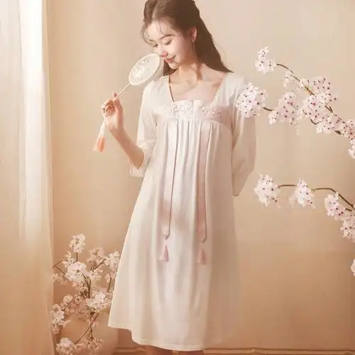 荷箩汉服睡裙女夏季纯棉薄款七分袖国风古风少女睡衣裙2022年新款