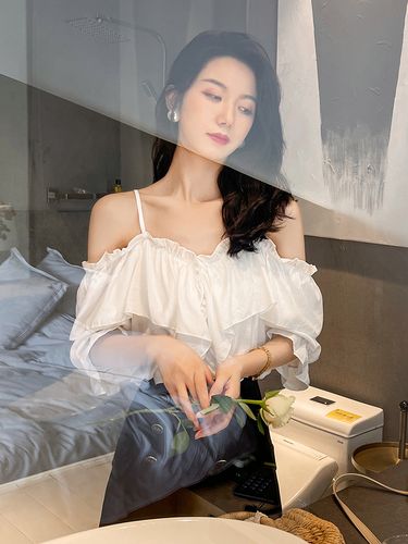 仙气雪纺上衣女夏露肩短袖宽松甜美超仙荷叶边锁骨一字肩吊带小衫