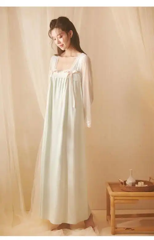 宫廷风汉服睡裙女春秋薄款长袖古风国风齐胸襦裙方领可爱仙女睡衣浅