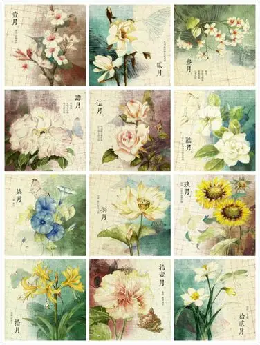 水彩花卉,十二个月,多图,拼图