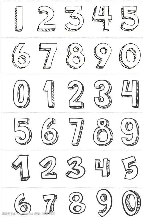 矢量手绘线条立体倒计时数字