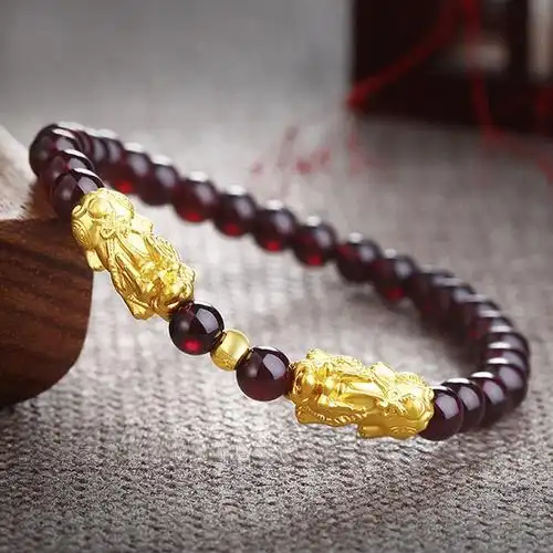 老庙黄金黄金3d硬足金转运珠貔貅吊坠手链男女