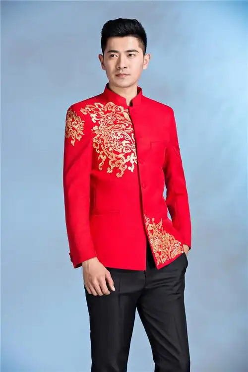 男士演出服舞台装大合唱表演服装黑白色歌手主持人礼服 红色 【套装】