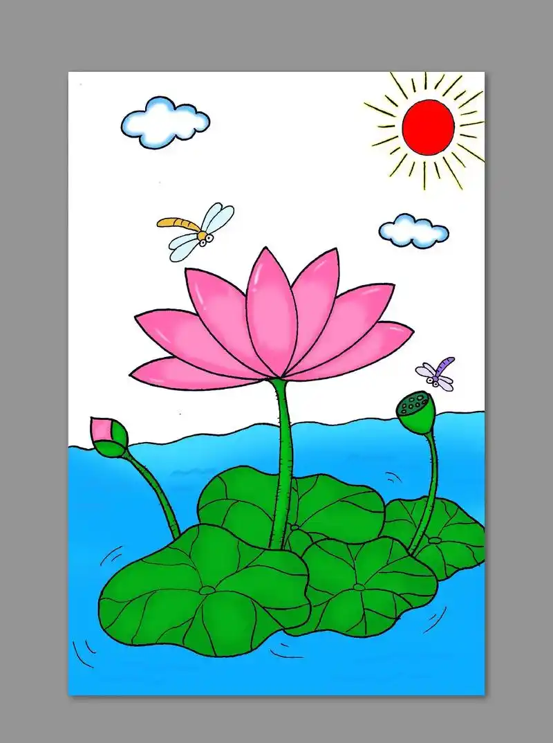 少儿美术教育 #荷花简笔画 #用夏天的颜色作画 #儿童画 #荷花池塘