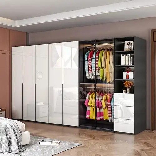 轻奢衣柜家用卧室玻璃门实木大衣柜新款高光亮面对开门储物大衣橱