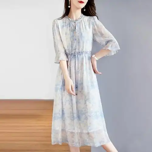 真丝连衣裙春夏季年轻妈妈宽松减龄印花裙子高端大牌桑蚕丝气质裙